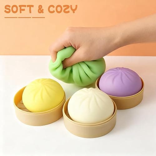 4 Packs Colorful Dumpling Stress Balls Fidget Toys Adults, Squeeze Dough Ball Stress Relief Hand Toys, Bun with Food Steamer Stretchy Easter Basket Stuffers Easter Gifts thumbnail 4