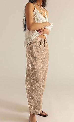 loveimgs Women Boyfriend Baggy Barrel Jeans Floral Print Denim Ankle Pants Wide Leg Mid Rise Jeans Sweatpants Y2k Patchwork thumbnail 5
