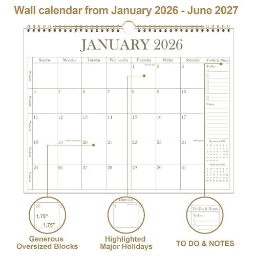 2026 Calendar - Wall Calendar 2026 from January 2026 - June 2027, 18 Months Calendar with Premium Paper, Twin-Wire Binding & Hanging Hook, 12" x 14.5", Golden thumbnail 3