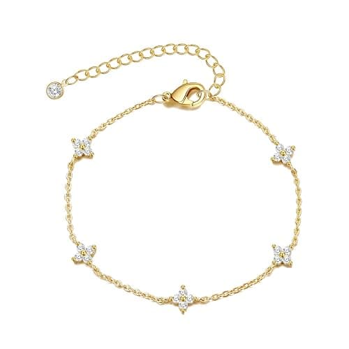 Bheop Bracelets for Women 14K Gold Silver Plated Ring Bracelet Hand Chain Dainty Evil Eye Heart Clover Daisy Cubic Zirconia Stackable Link Chain Hypoallergenic Body Jewelry Cute Trendy Gifts - Image 1