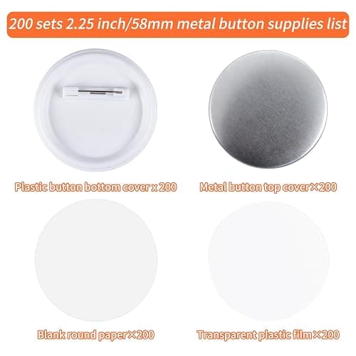200 Sets 58mm/2.25 inch Button Maker Supplies, Pin Back Button Parts for Button Maker Machine 58mm, Including Metal Covers, Plastic Back Covers, Clear Plastic Film&Blank Paper thumbnail 2