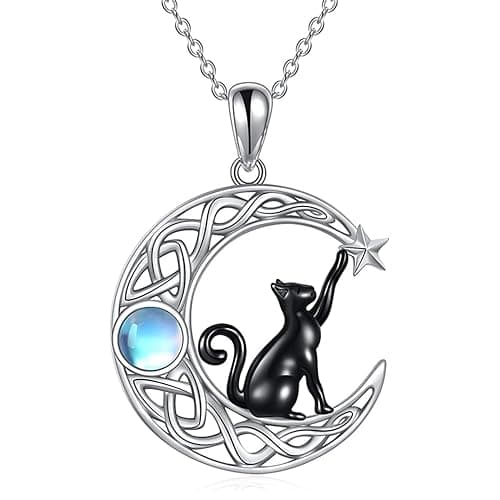LSxAB Moonstone Cat On Moon Animal Necklace Celtic Knot Crescent Pendant Necklaces for Women Girls - Image 1