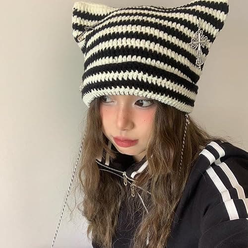 Grunge Beanies Crochet Knitted Hats for Women Girls Fox Cat Ear Goth Emo Alt Y2K Accessories Grunge Clothes thumbnail 6