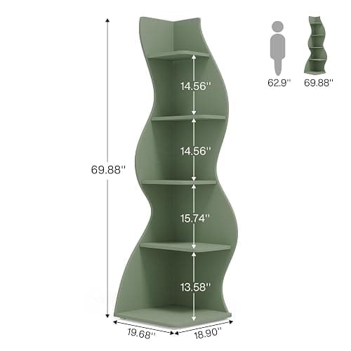 Tribesigns Corner Shelf, Modern 5-Tier Wall Corner Bookshelf, Stylish Corner Small Bookcase Storage Rack Plant Stand with Unique Shape for Living Room, Home Office (Sage Green, 1PC) thumbnail 3