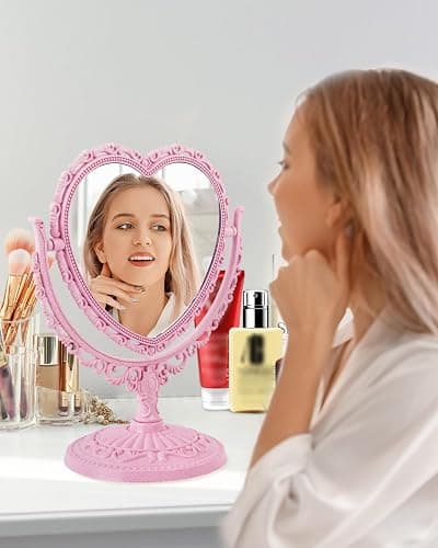 XPXKJ 7 Inch Vintage Heart Mirror - Elegant Desk Makeup Mirror with Double Sided 360 Degree Rotation Vanity Mirror for Coquette Room Decor thumbnail 6