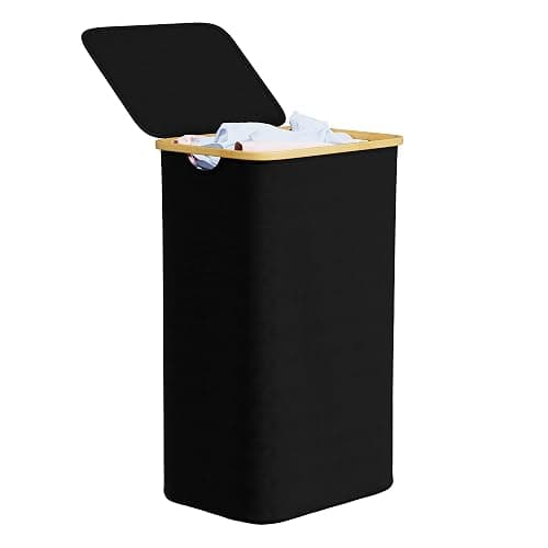 SpaceAid Laundry Hamper with Lid, 110L Large Tall Clothes Basket Bin with Bamboo Handles, Collapsible Laundry Hamper for Bedroom, Bathroom, Dorm, Laundry Room - Black - Image 1