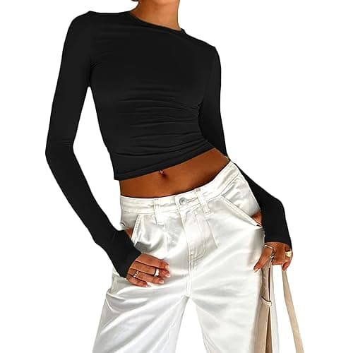 Skims Dupe Langarmshirt Basic T-Shirts Langarm Crop Tops Longsleeve Slim Casual Rundhals Oberteil - Image 1