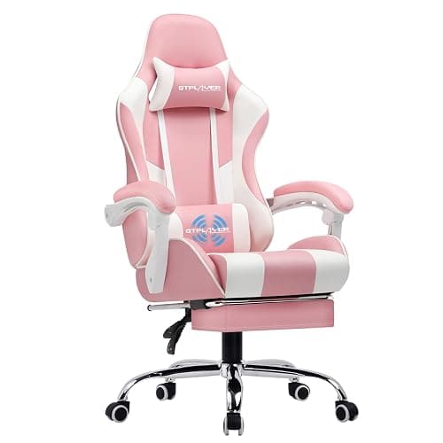GTPLAYER Silla Gaming con Masajeador Ergonómica Silla Gamer con Reposapiés Reposacabeza, Silla de Oficina Ergonómica, Soporte Lumbar, Silla Juego Ajustable en Altura, Rosa - Image 1