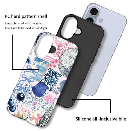 Generic Case Compatible with iPhone 16,Scratch Resistant Hybrid 2-Layer Hard Shell Phone Case,Ball Blue Bow Flower Collage Aesthetic thumbnail 3