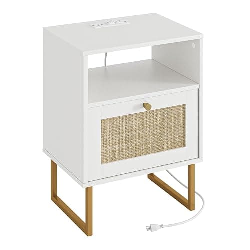 Masupu Rattan Nightstand with Charging Station,Modern Boho Farmhouse Wood Bedside Table with Storage Drawer and Open Shelf,Small Gold Frame Side End Table for Bedroom,Living Room,Office White thumbnail 9
