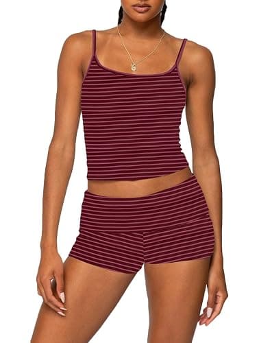 RUEWEY Women Y2k Pajama Set Striped Sleeveless Crop Cami Top Lounge Shorts PJS 2 Piece Matching Sleepwear - Image 1