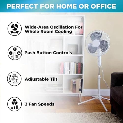 EZ-CHILL 16” Oscillating Pedestal Fan, 3-speed Options, 90-Degree Oscillating Head, Adjustable Height and Tilt, Powerful Air Flow, White, MTSP15-16AZ thumbnail 2