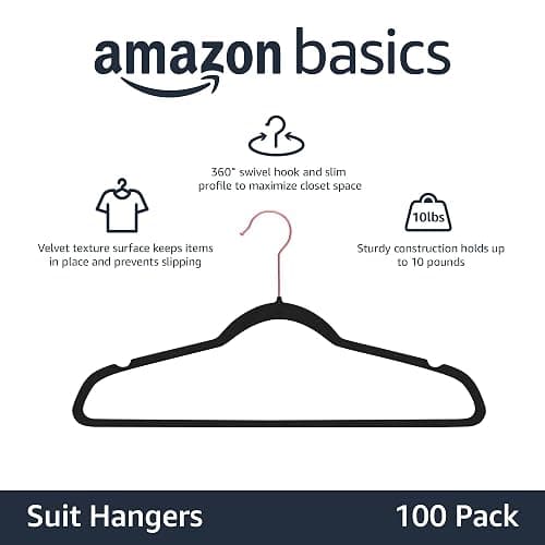 Amazon Basics Slim, Velvet, Non-Slip Suit Clothes Hangers, Black/Rose Gold - Pack of 100 thumbnail 4