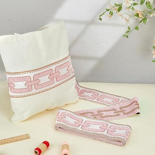PH PandaHall 5.5Yard Embroidered Drapery Trim Geometric Ribbon 3.6" Wide Polyester Jacquard Grid Ribbon Pink Gray Drapery Banding Trim Tape for Drapes Curtain Banding Sewing Clothing Decor thumbnail 4
