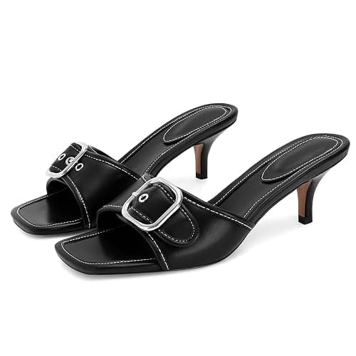 Dsevht Black Kitten Heel Sandals Stiletto Low Heels Slip On Slides Mule Sandal Square Open Toe Dress Shoes for Women - Image 1