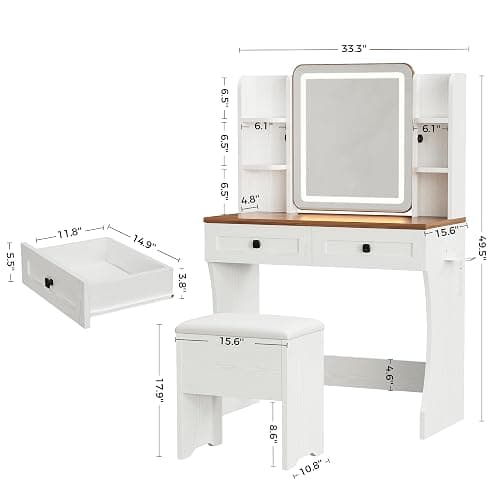 IRONCK Makeup Vanity with LED Lights & Power Outlet, Small Vanity Desk with Adjustable Mirror, 2 Large Drawers and 4 Open Shelves, Farmhouse Vanity with Storage Stool for Bedroom, White thumbnail 2