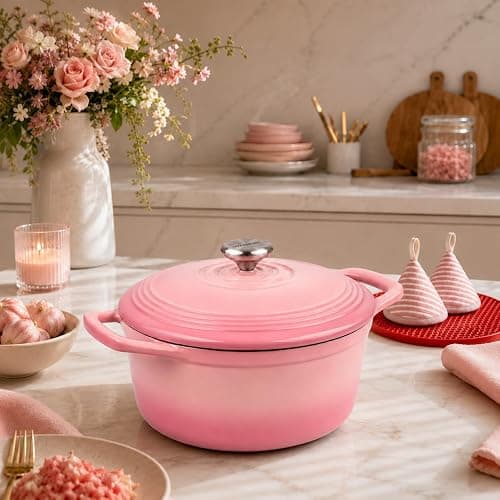 Overmont Enameled Cast Iron Dutch Oven - 5.5QT Pot with Lid Cookbook, Pink | Heavy-Duty Cookware with Cotton Potholders, Enclosed Lid-Knob Design, Oven Safe for Sourdough Baking Braising Stews Roasting thumbnail 2