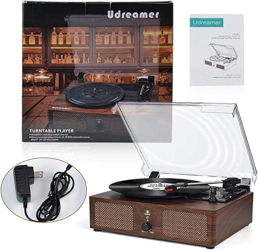Udreamer Vinyl Player Record Player with Built-in Speakers, Bluetooth Turntable Belt-Driven, Vintage Phonograph with 3 Speeds for Musical Enjoyment and Home Decoration (coffee) - Coffee thumbnail 7