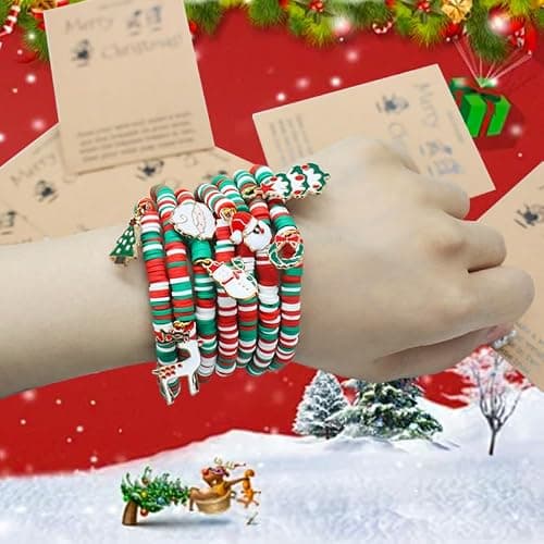 VALIJINA 7 Pcs Christmas Bracelet Set Stretch Bracelets with Christmas card Heishi Surfer Christmas Bracelets bulk bracelets for Women xmas gifts thumbnail 4
