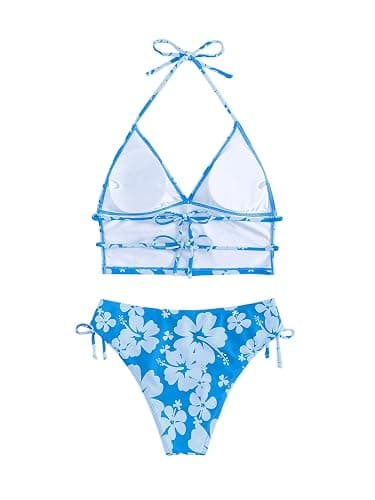 Floerns Women's Tankinis 2 Piece Floral Print Halter Tie Back Crop Top and Bottoms Bikini Set thumbnail 3