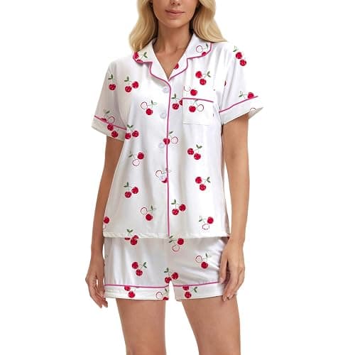 PUNINGXS Casual Women's Pajamas with Printed Short Sleeved Button Down Top and Shorts Pjs Loungewear Set thumbnail 4
