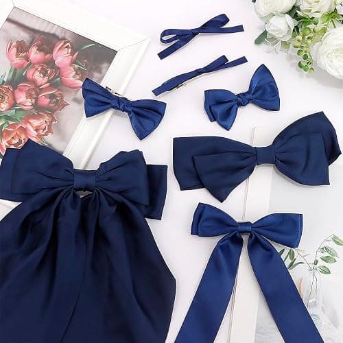 Ahoney 7 Pack Navy Blue Bows for Hair Bows Silky Satin Big Hair Bow Hair Clips Multi Style French Long Hair Ribbon Hair Accessories Barrettes for Women Girls thumbnail 7
