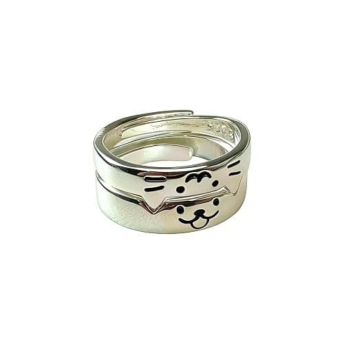 Uarein Cat Dog Couple Ring for Women Men Silver Animal Friendship Matching Ring Cute Puppy Kitten Statement Ring Minimalist Party Valentine's Day Jewelry Gift - Image 1