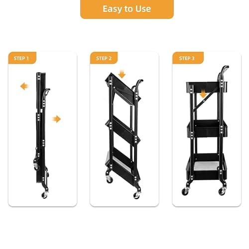 3 Tier Foldable Rolling Cart with Wheels, Folding Utility Cart Organizer, Collapsible Rolling Storage Cart with 3 Hanging Cups & 6 Hooks for Kitchen, Office, Nursery(Black) thumbnail 6