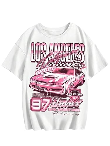 WDIRARA Girl's Car Letter Graphic Print Round Neck Short Sleeve Tee Summer Casual T Shirt - Image 1