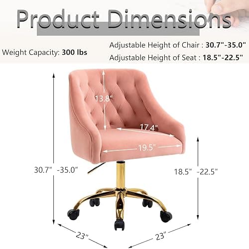 MOJAY Velvet Home Office Desk Chair, Vanity Chair with Wheels Pretty Fancy Gold 360°Swivel Height Adjustable Office Chairs for Girls Home Offices, Bedrooms, Living Room (Pink) thumbnail 3