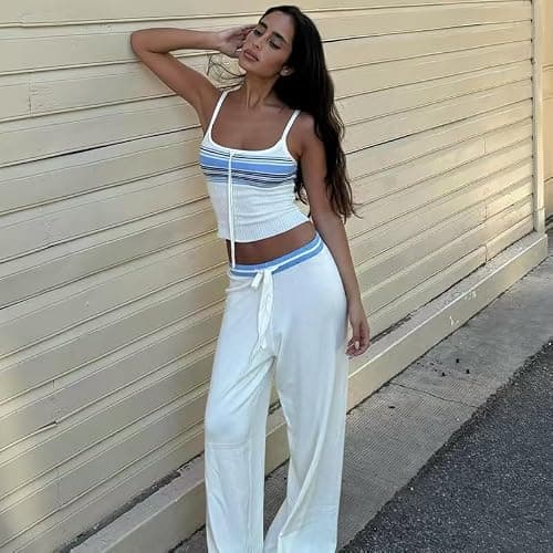 YHUCTRE 2025 Summer Women Two Piece Outfits Sets Women Vest Pants Set Sleeveless Top Loose Drawstring Waist Pants thumbnail 3