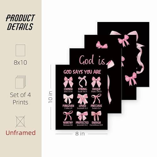 ETVISO Pink and Black Room Decor, Christian Wall Art, Coquette Pink and Black Bow Wall Art Posters Set of 4, Dorm Decor for College Girls, Bow Room Bedroom Bathroom Wall Art Decor 8x10(Unframed) thumbnail 3