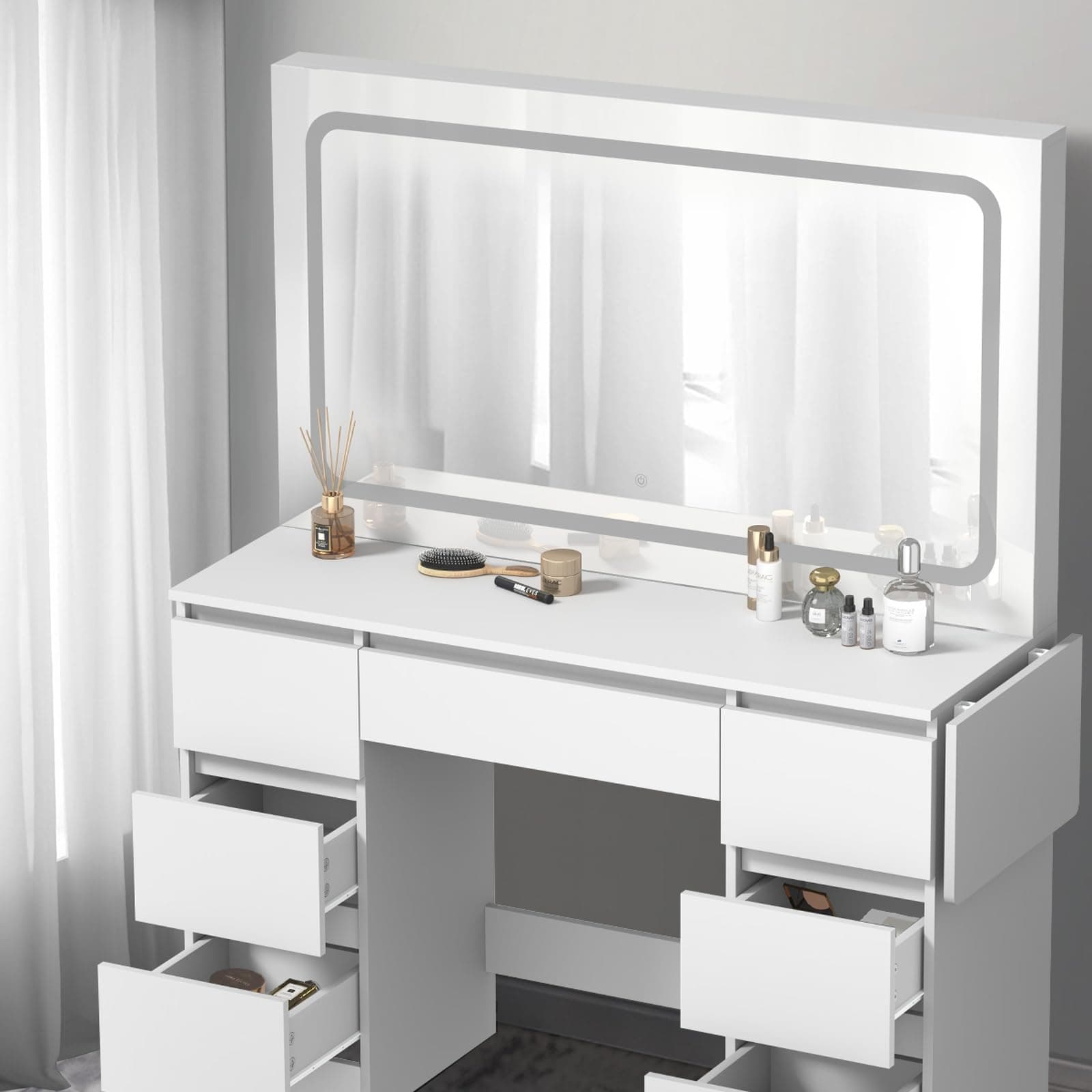 Oikiture Makeup Vanity with LED Light Mirror Dressing Table with 7 Drawers thumbnail 7