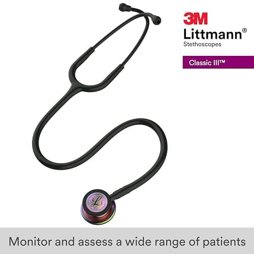 3M Littmann Classic III Monitoring Stethoscope, 5870, More Than 2X as Loud*, Weighs Less**, Stainless Steel Rainbow-Finish Chestpiece, 27" Black Tube, Stem and Headset - Black Tube, Stem, Headset - Rainbow - Finish Chestpiece thumbnail 2