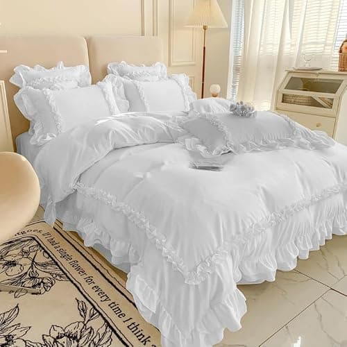 Girls Lace Bedding, Queen Comforter Cover Set, Chic Ruffled Duvet Cover with 2 Layers Ruffle,Princess Style 1 Duvet Cover with 2 Pillowcases, No Comforter-White,Queen Size thumbnail 3