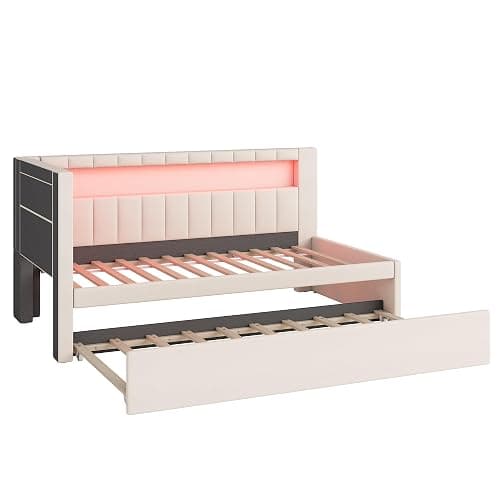 MKABAK Twin Size Daybed with Trundle and L-Shaped Bookshelf Headboard, Linen Upholstered Soft Corner Bed with Storage Shelves, Charging Station and LED Belt for Kids Boys Girls, White thumbnail 8