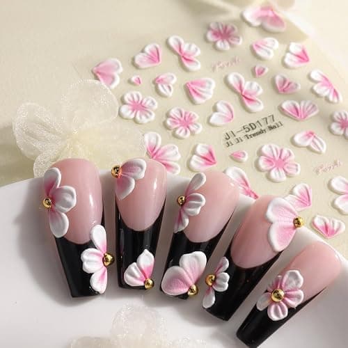 Fspronail 5D Embossed Flowers Nail Stickers 5PCS Pink White Floral Decals | Self-adhesive Cherry Blossom Butterfly Nail Decals French Tips Design Floral Petals Sticker for Nail Art Women DIY Manicure thumbnail 6