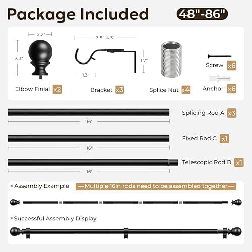 Zeerobee Curtain Rods for Windows 48 to 84, 1 Inch Adjustable Heavy Duty Black Curtain Rod, Outdoor Indoor Room Divider Modern Drapery Pole, 48-86" thumbnail 7