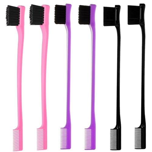 6Pack Double Sided Edge Control Hair Brush Professional Edge Control Hair Brush Comb Set, Dual-Sided Bristle Design, Pink Purple Black thumbnail 2