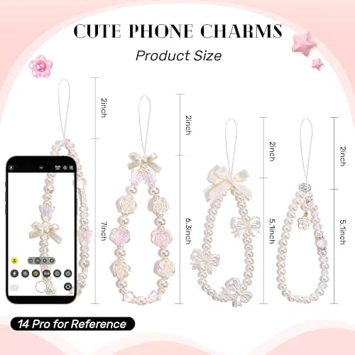 4 PCS Cute Phone Charms Aesthetic Y2K Cellphone Wrist Strap Bedazzling Flower Bow Butterfly Accessories ABS Imitation Pearl Beaded Anti-Theft Chain String for Bag Keychain Airpods Camera Decor thumbnail 3