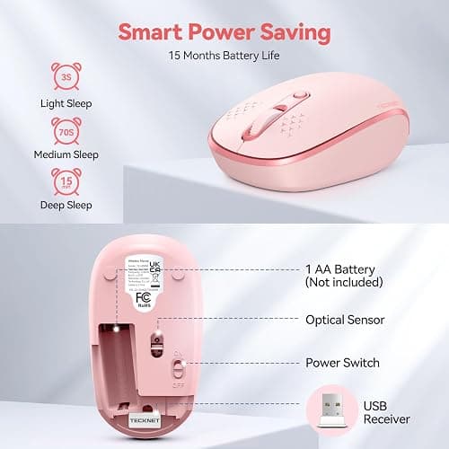 TECKNET Wireless Mouse, 2.4G Quiet Computer Mouse with USB Receiver, 4 Buttons Portable Cordless Mice for Chromebook, Laptop, PC, Mac, 800/1200/1600 DPI - Pink - Pink thumbnail 6