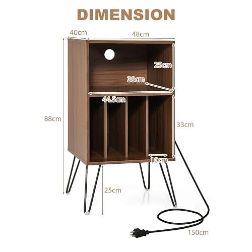 KOMFOTTEU Meuble Platine Vinyle avec 2 Prises Standard européenne, 1 USB,1 Type-C, Meuble Tourne-Disque, 5 Casiers, Table d’Appoint Multifonction, Pieds Métals, 48 x 40 x 88 cm (Couleur Noye) thumbnail 3