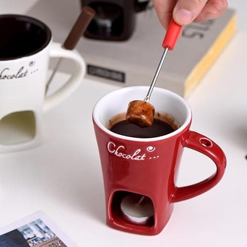 Ceramic Fondue Pot Set,Chocolate Fondue Mug with Forks,Ceramic Fondues Cup Gift Set,Butter Warmer Pot,Fondues Pot Melting Pot Set,Melt Hot Pots Bowl Set for Cheese Chocolate Butter(White) thumbnail 5