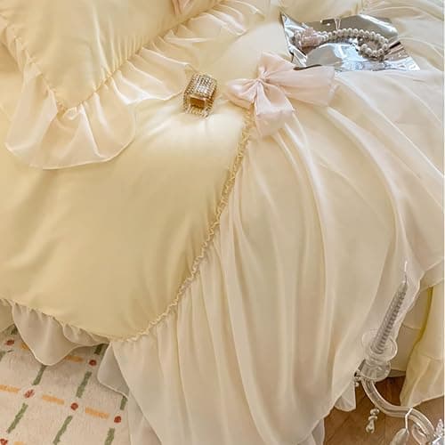 ❤️SOUKECHY Ruffled Bedding Bow Duvet Cover Set with Butterfly Tie, Full Comforter Cover Set, Shabby Chic Bedding Set,Romantic French Princess Style -Yellow,Full thumbnail 4