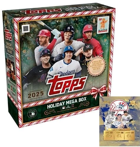 New 2025 ToppsBaseball Sealed HOLIDAY MEGA BOX (100 Cards) - Glitter Parallel - Plus Custom Aaron Judge Card-Sized Print - Image 1