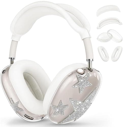 Bling Case Cover for AirPods Max, [5 in 1] Silicone Clear Sparkling Soft TPU Earcup/Ear Pad Case/Headband Cover Glittering Rhinestones Stars Accessories for Apple AirPods Max New USB-C (2024), White - Image 1