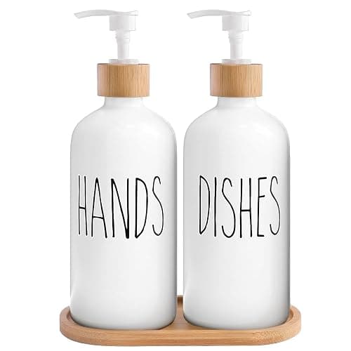 MOMEEMO White Soap Dispenser Set, Contains Glass Hand /Dish Soap Dispenser, Suitable for Farmhouse Decor, Rustic Kitchen Decor. (White) - Hd White & Tray - Image 1