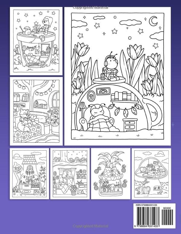 Cozy Spaces: Coloring Book for Adults and Teens Featuring Relaxing Familiar Corners with Cute Animal Characters for Stress Relief thumbnail 2