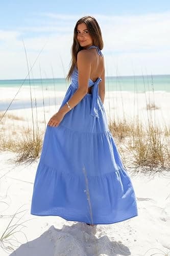 AmySister Women's Casual Halter Tiered Vacation Maxi Dress with Pockets thumbnail 3