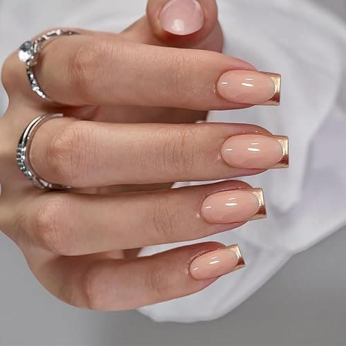 Calkrer - Lot de 24 faux ongles à pression - Couleur or - Taille moyenne - Couverture complète - Colle gel et lime à ongles thumbnail 6